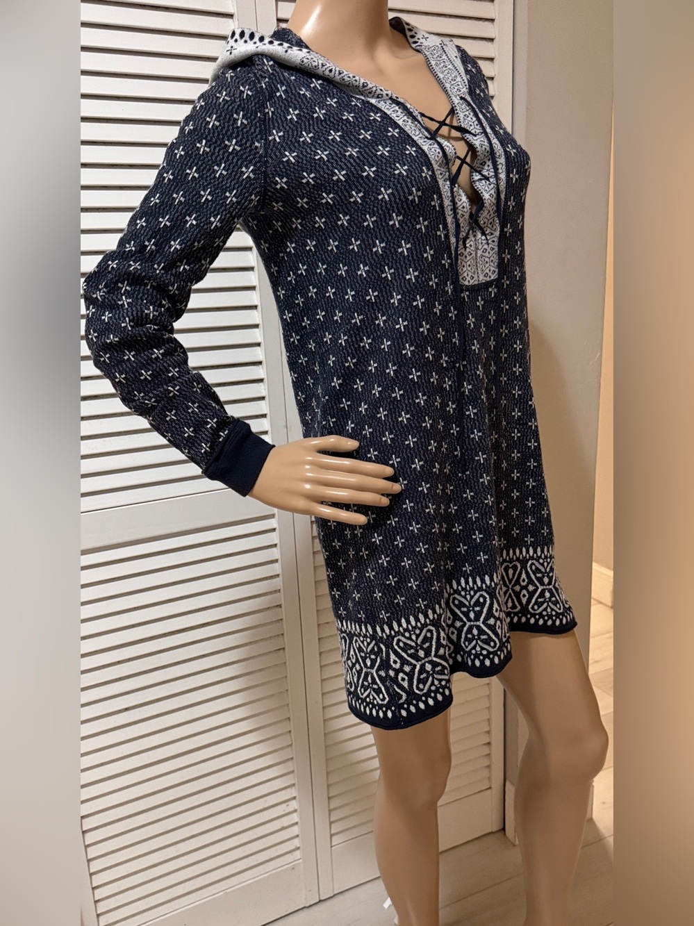 Intimately Free People Hooded Dress Tunic XS Navy Fair Isle Lace Up